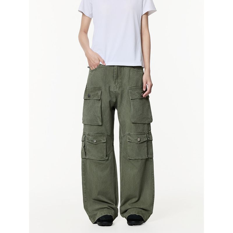 Black of Exit American Retro Distressed Multi-Pocket Straight-Leg Cargo Pants Trendy Heavy-Duty Casual Pants Vibe