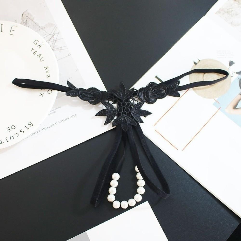 Hollow Open Crotch Lace Pearl Panties Low Waist Thin Belt Thong Valentine's Day Gift
