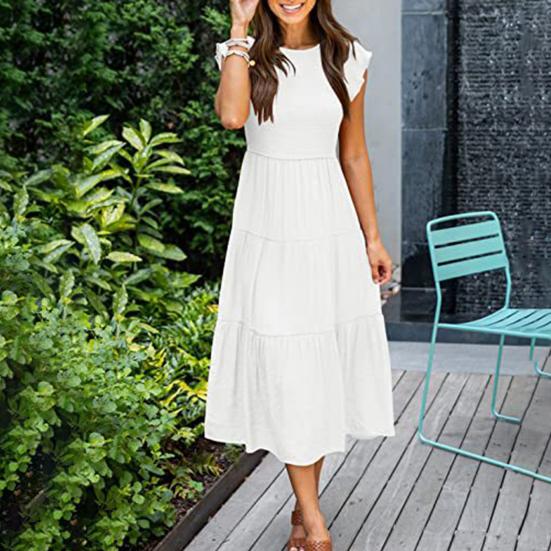 Women Dress Flying Sleeves Large Hem Summer Smocked Tiered Dress Streetwear
