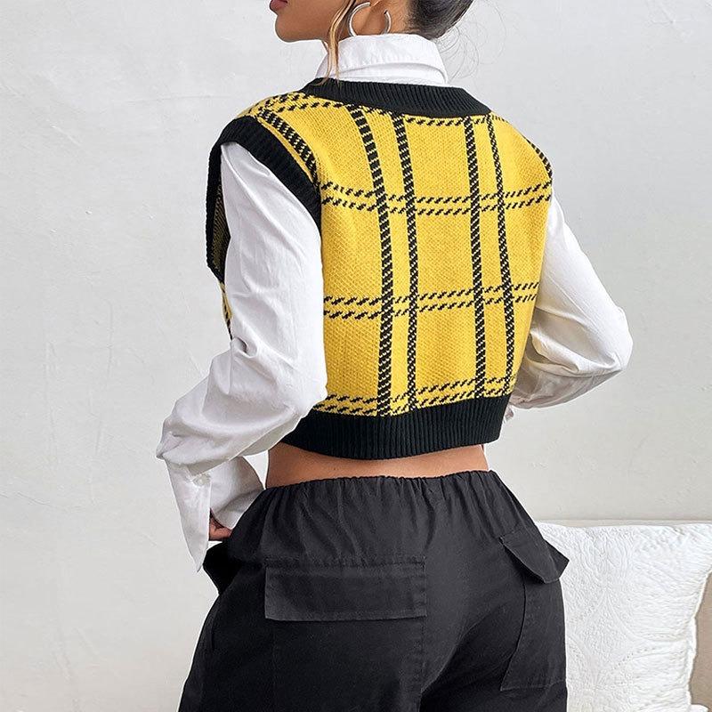 YYFS Maglioni da donna casual alla moda primavera autunno con stampa a quadri senza maniche scollo a V