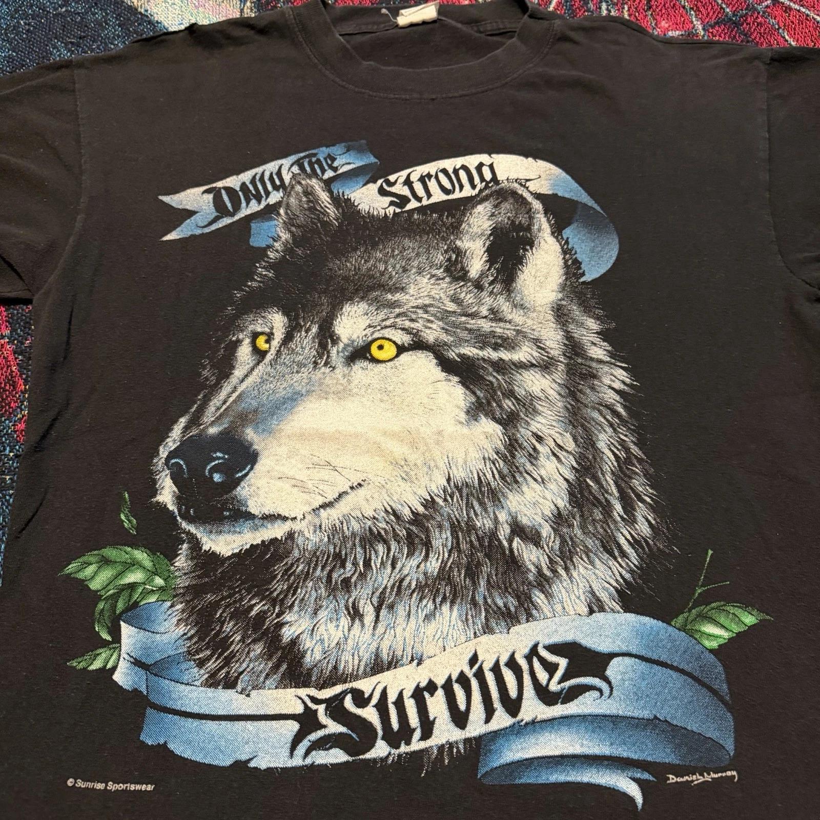 

Vintage 90s Only The Strong Survive Wolf Shirt Black Blue Men s L Distressed S