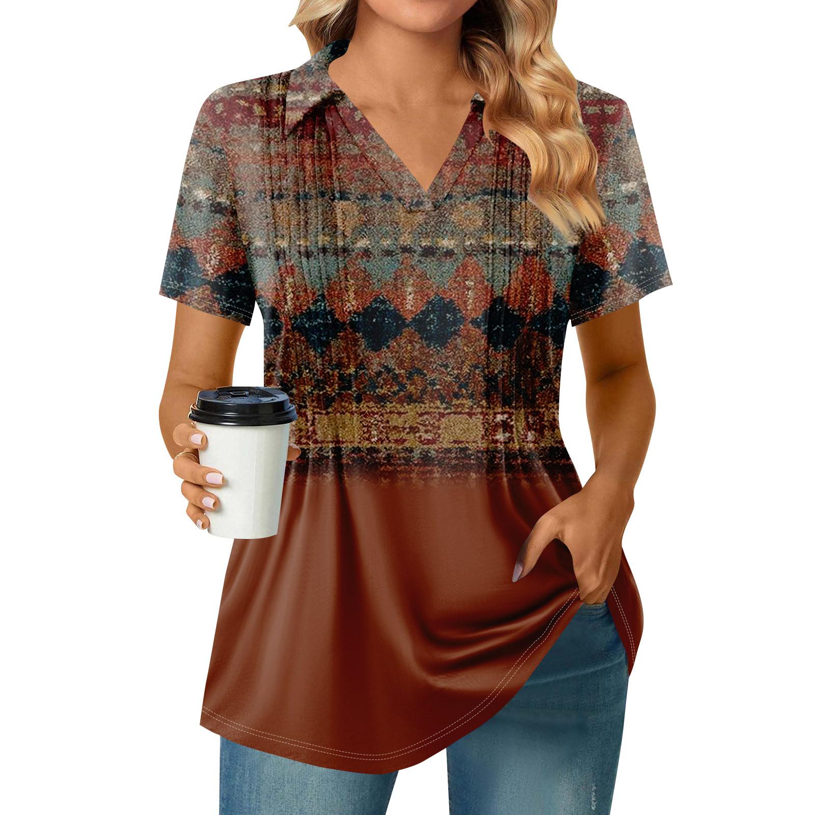 

Женские футболки с коротким рукавом, плиссированные, с V-образным вырезом, с принтом, с воротником, летние топы, модные, деловые, повседневные, рабочие XXL кофейный