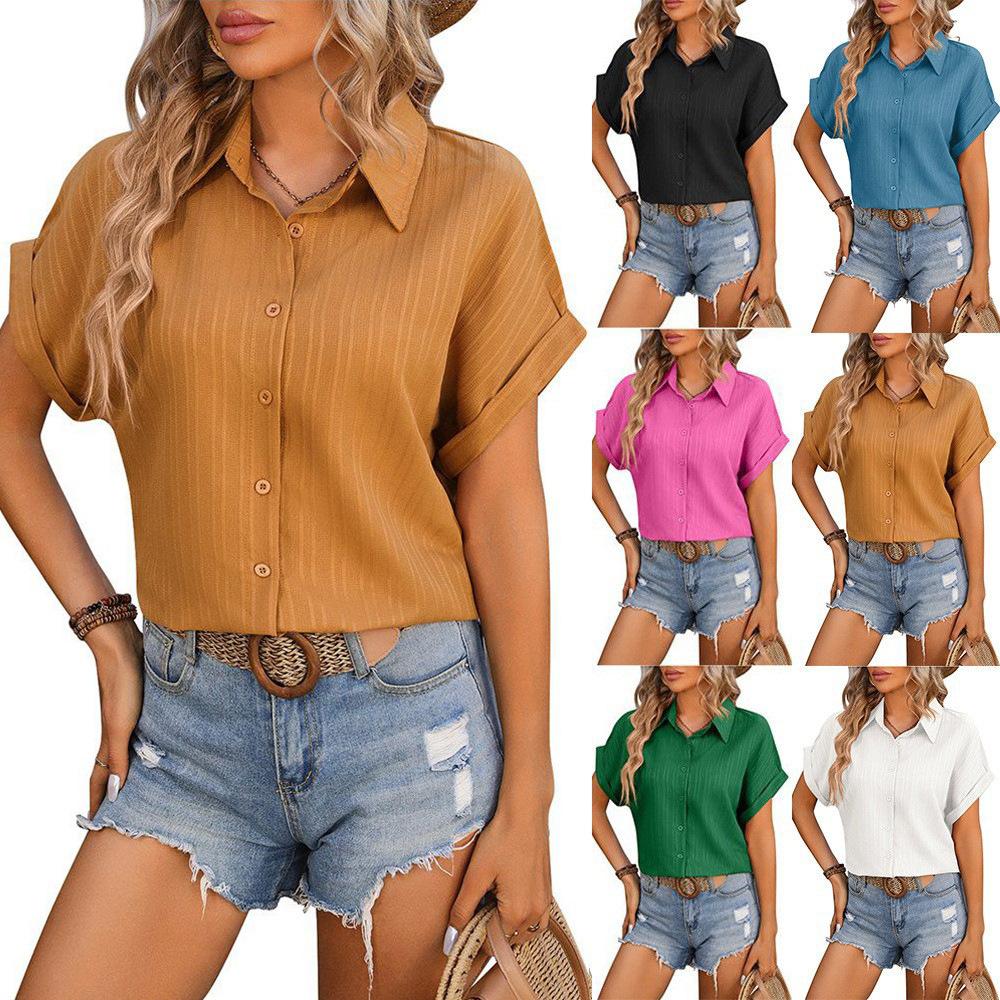Dameslos Kortmouwig Shirt Reverskraag Enkele Rij Knopen Effen Kleur Casual Blouse Lente Zomer Forens Top