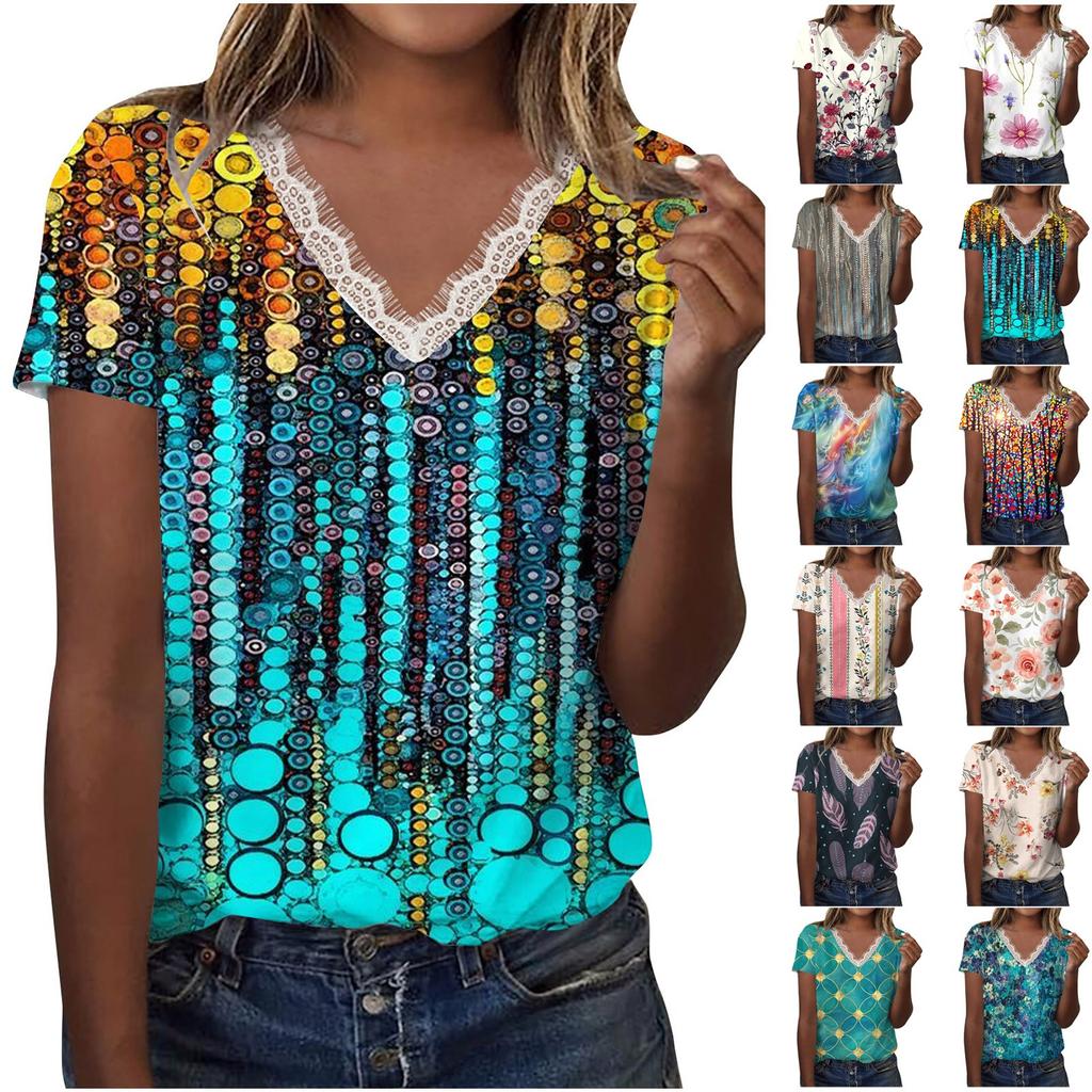 Women Casual Loose Shirts V Neck Short Sleeve Flower Print Lace Tops T-shirts Tee