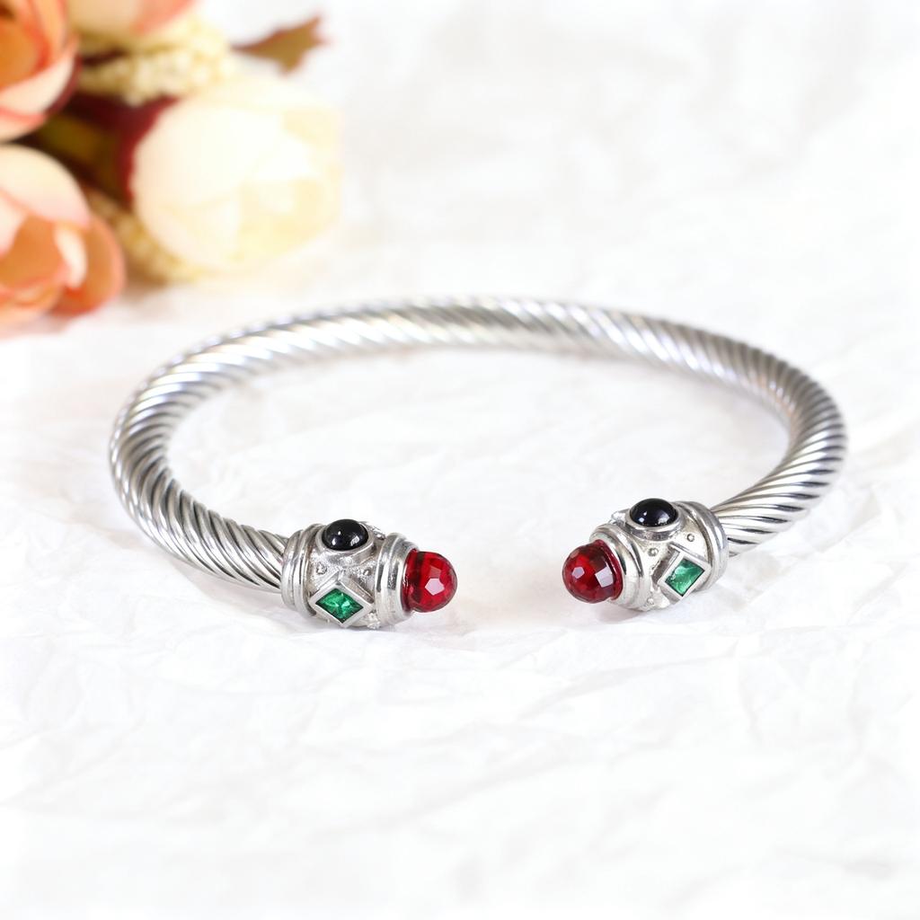 2026 Fashion European and American Steel Wire Bracelet Women's Geometric Niche Inlaid with Colored Diamonds Opening Does Not Fade 18k Gold Bracelet