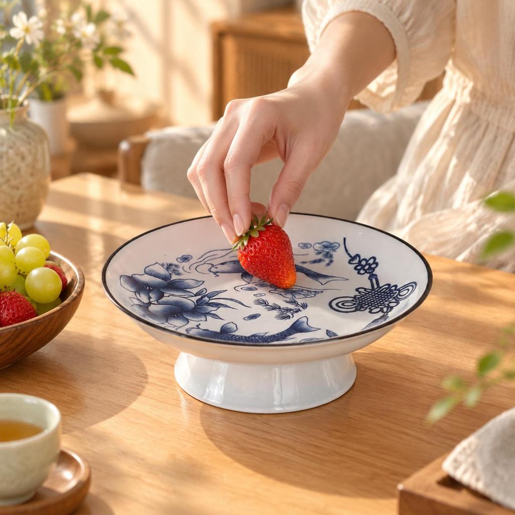Ceramic Fruit and Snack Serving Plate with Pedestal Base Decorative Koi Fish