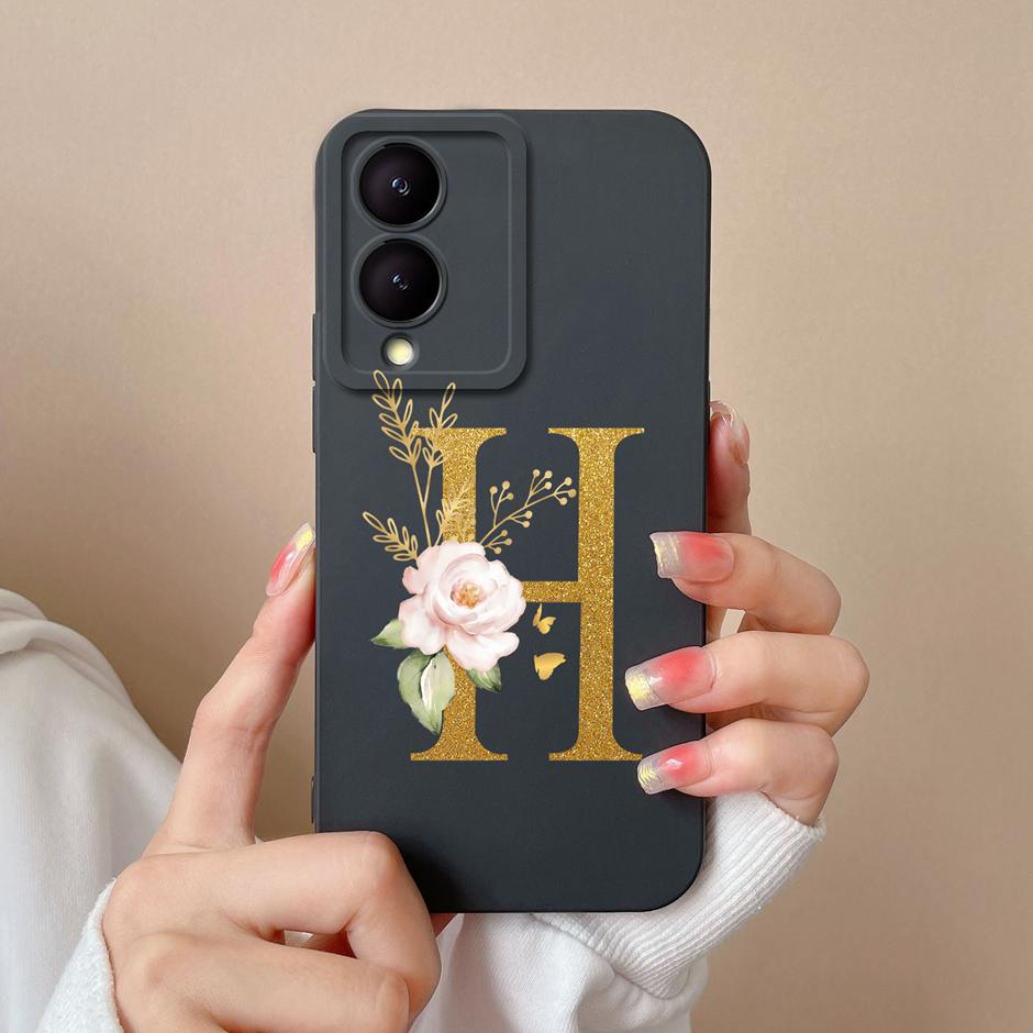 Case For VIVO Y17S 4G A To Z Cute Flower Letter Pattern Smooth Liquid Silicone Shell For VIVOY17S Y17s 4G Fashion Couple Fundas