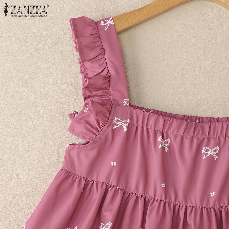 ZANZEA Women Casual Square Collar Bows Print Summer Sleeveless Tank Tops
