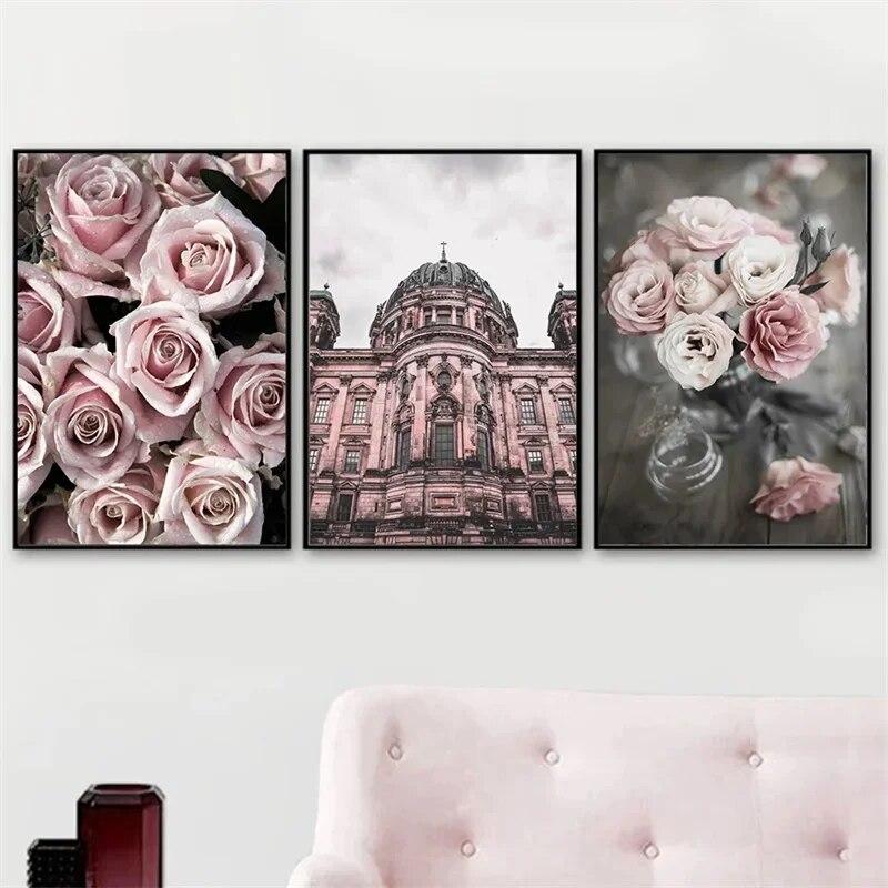 Rose Flower Pink Car Street Girl Building Wall Art Canvas Painting Nordic Posters And Prints Wall Pictures For Living Room Decor