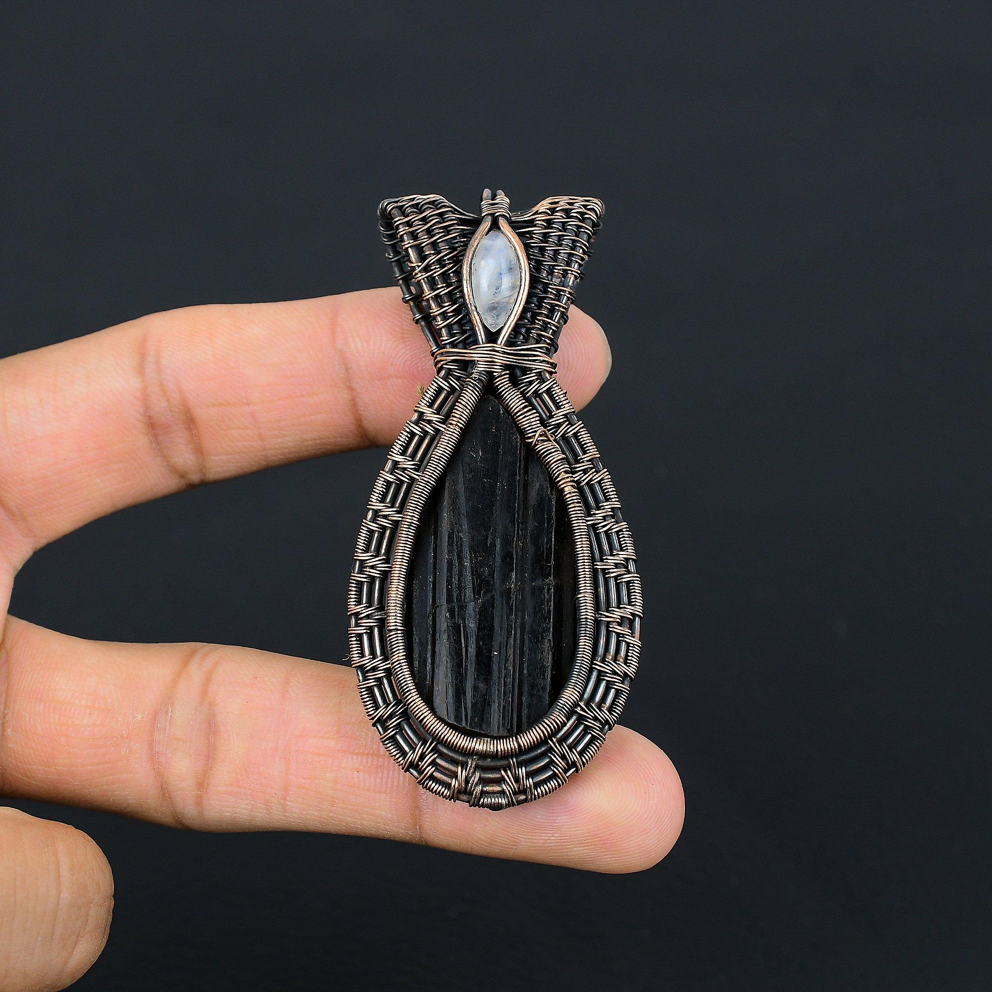 

Black Tourmaline & Moonstone Pendant Gemstone Jewelry, 999 Copper Wire Wrapped Pendant, Handmade Amazing Pendant Jewelry 2.55 Inches