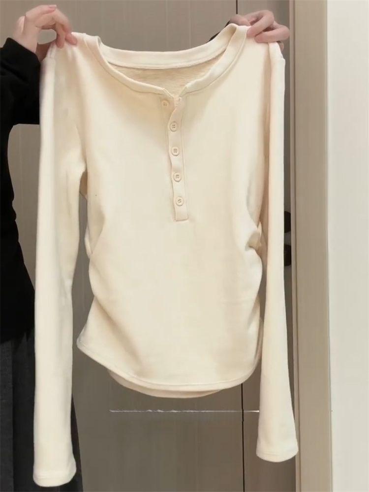 De Rong Women's Plus Velvet Cotton Slim-fit Pleated Top - Heat-generating, Brushed, and Constant Temperature Base Layer for Autumn/Winter.