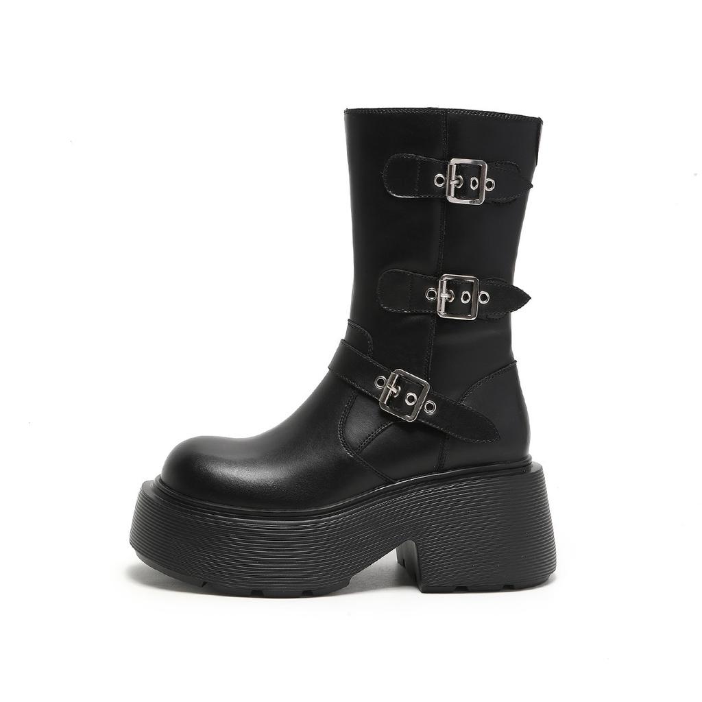 Height-increasing Thick-soled and Thin Medium Boots Women's 2025 Spring New Belt Buckle Fashion Boots Leather High-heeled Niche Short Boots
