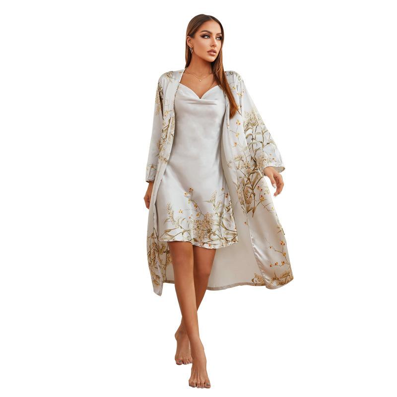 Women's Four Seasons Robe Pyjamas Set Nightdress Two-piece Set Gown Thin Style Outer Wear Medium Long Style Sleepwear Shawls