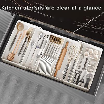 Caixa de armazenamento telescópica para talheres, classificação, organização, expansível, grande capacidade, vários compartimentos, bandeja para talheres, garfo, pauzinhos, colher