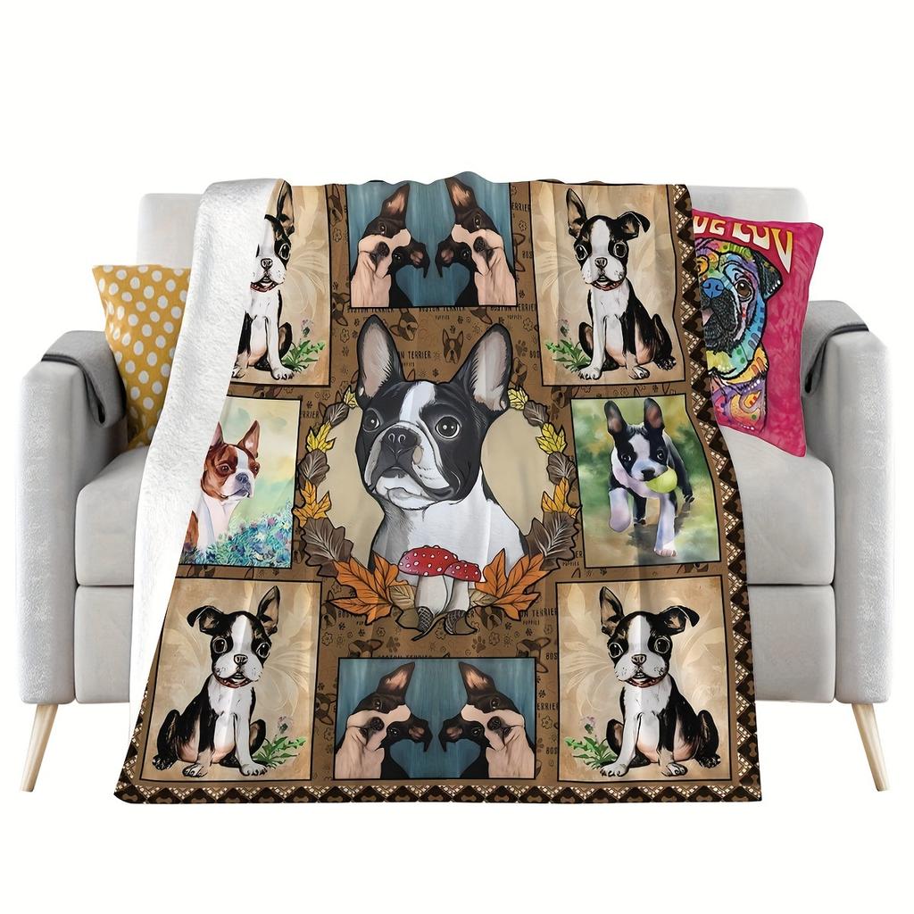 Cozy Fleece Blanket with Cute French Bulldog Design Soft for Sofa, Camping Travel All-Season Must-Have for Home Outdoor Scenes