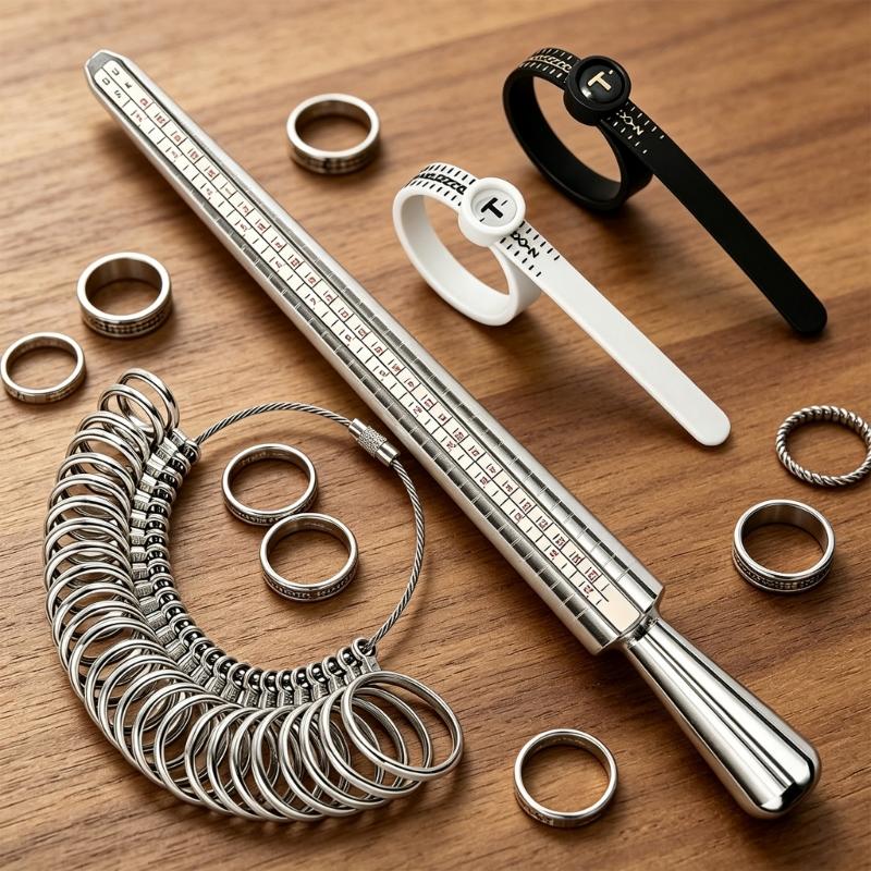 Mehrgrößen-Ringmaßband-Set mit nummeriertem Dorn und Messgeräten für Schmucktheke, Werkbank oder persönliche Ringgrößenprüfung