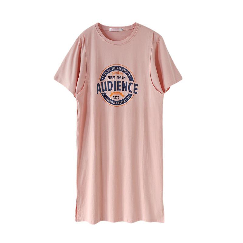 Pure Cotton Short Sleeve Breastfeeding Dress - Mid-Length Maternity/Postpartum Nightdress for Hot Mom Style