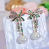 CMM Trendy Bowknot Design Paved White Green CZ Zirconia Women Long Artificial Pearl Drop Earrings for Bridal