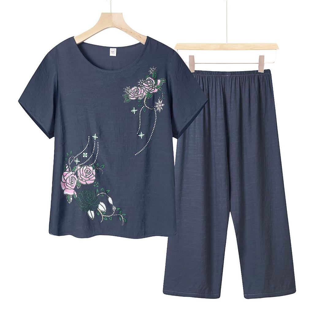Summer Women's 2 Pcs/Set T-shirt Pants Set Homewear Outfit Floral Print Round Neck Short Sleeve Top Wide Leg Elastic Waist Loose Pants Pajamas