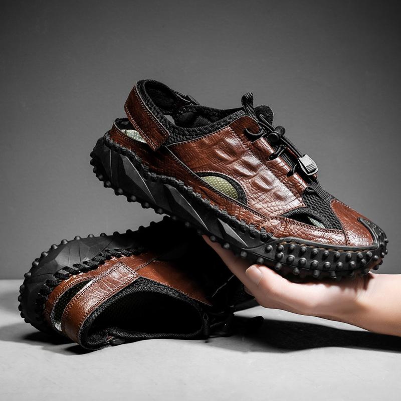 

Сандалии мужские из водонепроницаемой кожи для отдыха на открытом воздухе, высококачественные летние нескользящие пляжные туфли, удобные мужские походные альпинистские туристические туфли 46 вино красного