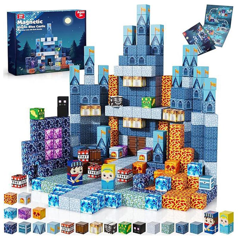 Non-Toxic 100Pcs Educational Diy Block Set Innovative 3D Puzzle Products Blue Castle Magnetic Magic Cube Building Blocks Toys For Kids