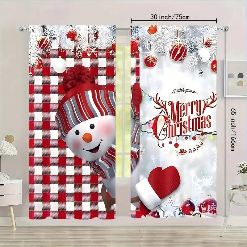 Classic Christmas snowmen   checkered pattern printed curtains   pole bag curtains   home decoration   room decoration