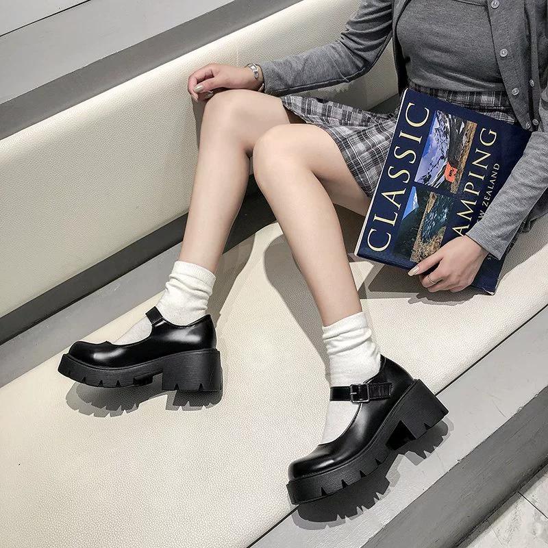 Lolita Shoes Women PU Leather Platform Mary Janes Shoes Women's Japanese Style Vintage Chunky Heels Pumps Plus Size