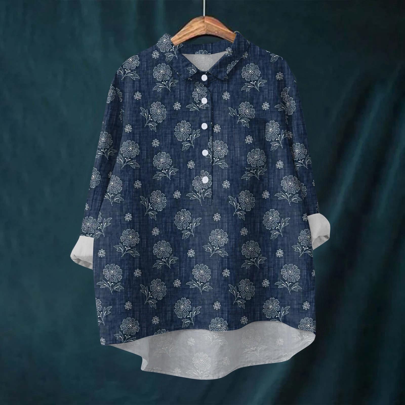 

Женская рубашка-блузка с длинными рукавами и принтом на пуговицах, повседневный подол, нестандартный воротник рубашки XXL тёмно-синий