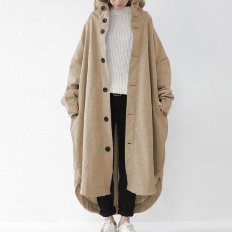 Winter Women Long Sleeve Trench Coat Ankle Length Hooded Single Breasted Thick Pockets Solid Color Irregular Hem Casual Outdoor Jacket