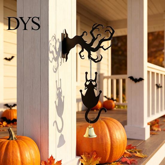 Spooky Entrance Hall Accents Halloween Welcome Sign, Wall Mount 2D Acrylic Hanging Decor with Bell, Door Bell Decorations Gothic Black Cat Creepy