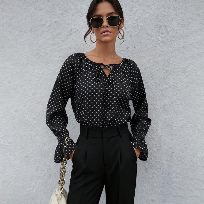 

YYFS Women s Fashion Casual Spring Autumn Polka Dot Print Long Sleeve O-Neck Blouses & Shirts M чорний