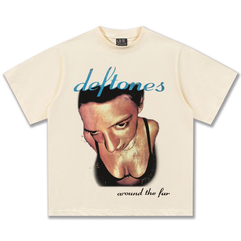 Мужская футболка с коротким рукавом Deftones, рок-группа, состаренная, весна/лето 2025, чистый хлопок, американский ретро-стиль. Large