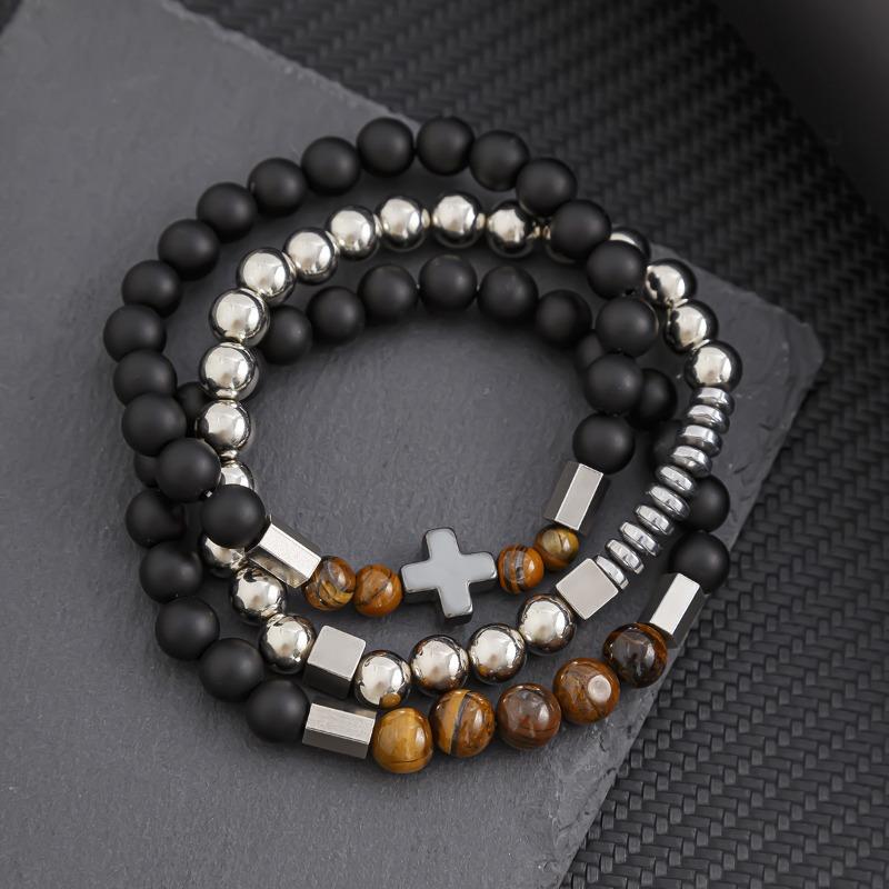 Vintage Multilayer Beaded Bracelet for Men Fashion Hip Hop Tiger Eye's CCB Titanium Steel Cross Beads Bracelets Accessories Men