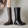 Autumn and Winter Solid Color Leather Women's Fashion Boots High Heel Large Size Women's Boots Rubber Sole Square Head Zipper Cowhide High Boots