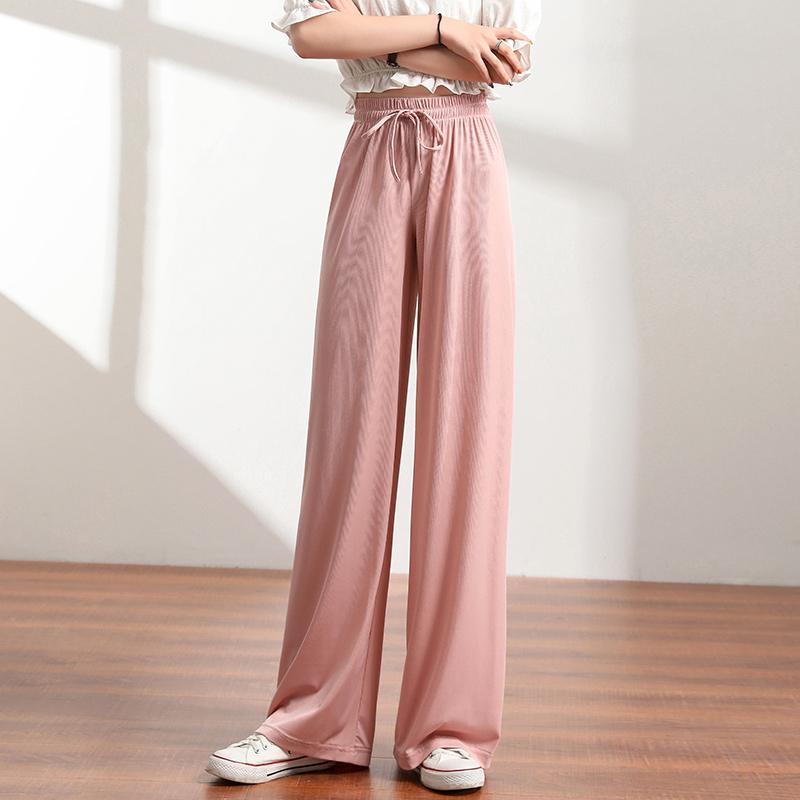 Slacks Women'S Loose Summer Pants Soft Ice Silk Ankle-Length Black Wide Leg Pants Grey Khaki Women High Waisted Trousers