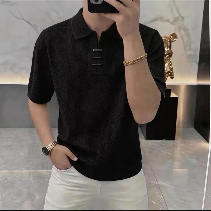 Men Knitted Short Sleeve Polo Shirt Solid Color Textured Fabric Metal Buckle Detail Turn Down Collar Casual Summer Top