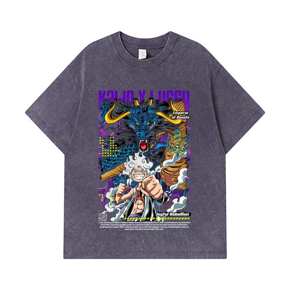 275 GSM Washed T-shirts 100% Cotton One Piece V35 Luffy Kaido Print Unisex Heavy Cotton T Shirt