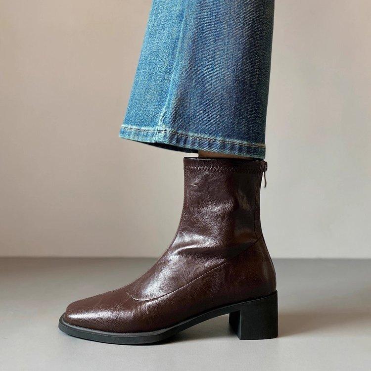 Soft Leather Version~ Short Boots Commuter High-heeled Elastic Thin Boots 2025 Autumn and Winter Soft-soled Public Sector Retro Thick-heeled Boots