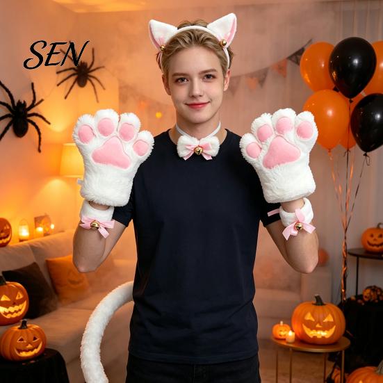 Zvířecí Cosplay Kostým 7ks Kočičí Sada, Čelenka s Ušima, Rukavice s Tlapkami, Límec s Mašlí, Tematický Zvonkový Náramek, Ocas, Halloweenská Párty Koťátko Příslušenství pro