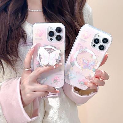 Magnetische Rose Schmetterling Handyhülle mit Halter für iPhone 11 12 13 14 15 16 17 Pro Max