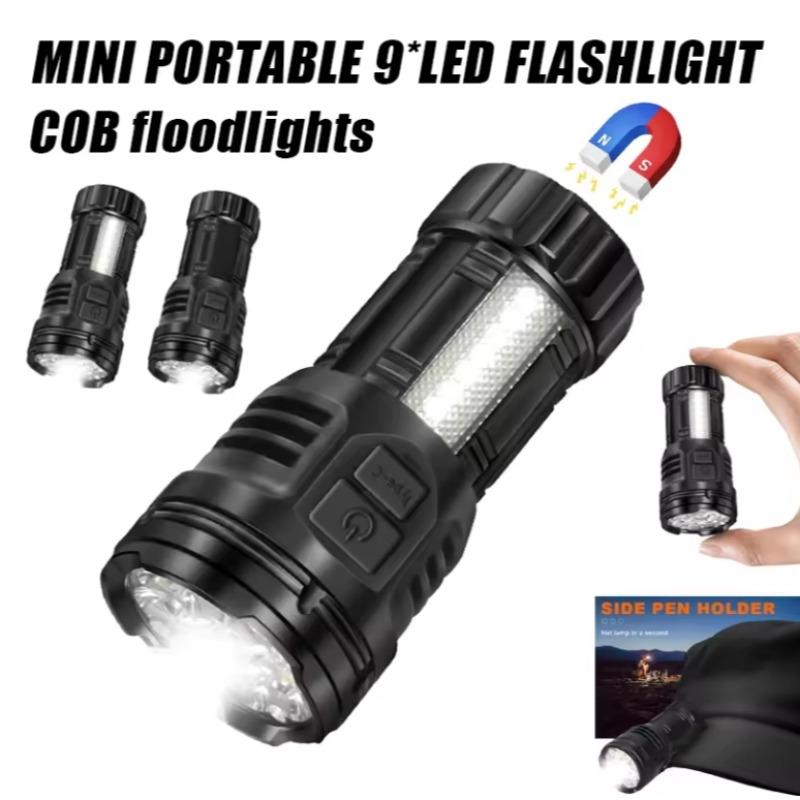 Strong Light Flashlight Rechargeable Outdoor 9LED Portable Multifunctional Cob Side Light Long Endurance Mini Flashlight