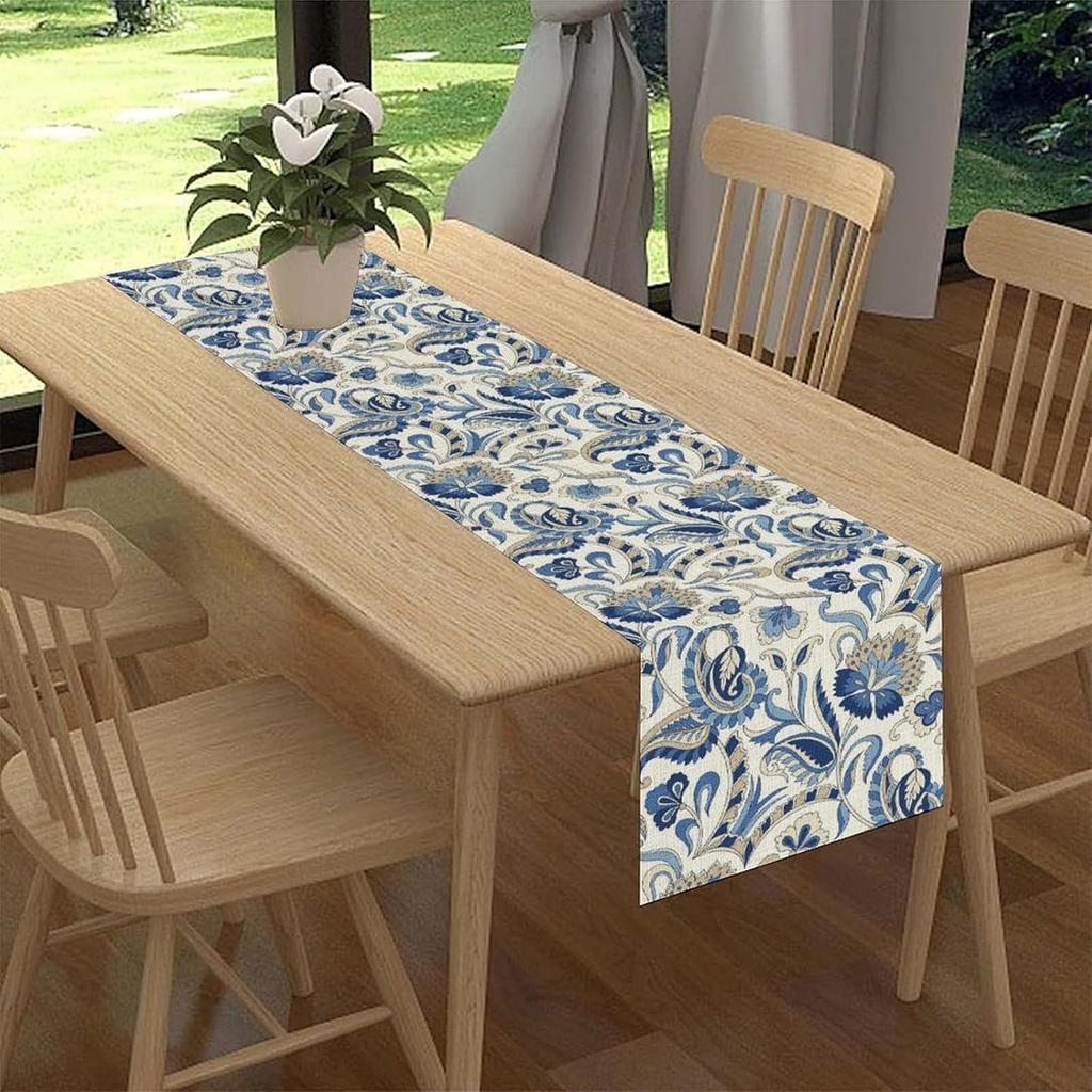 Summer Blue Floral Swirled Pattern Linen Table Runner Dresser Scarf Table Decor Vintage Farmhouse Table Runners Home Party Decor