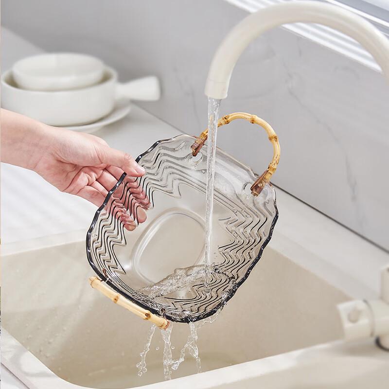 Water Ripple Transparent Fruit Plate with Bamboo Handle