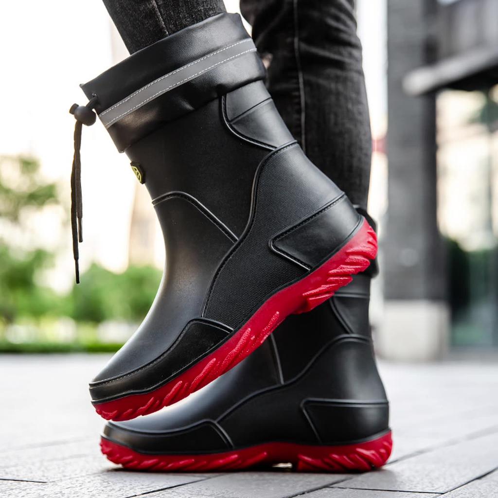 Adult Mid-calf Waterproof Rain Boots With Drawstring Design Unisex Outdoor Water Shoes Non-slip Soft Rubber Rain Boots Plus Size