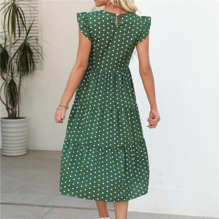 Summer Women Long Dress Polka Dot Print Round Neck Ruffled Sleeveless