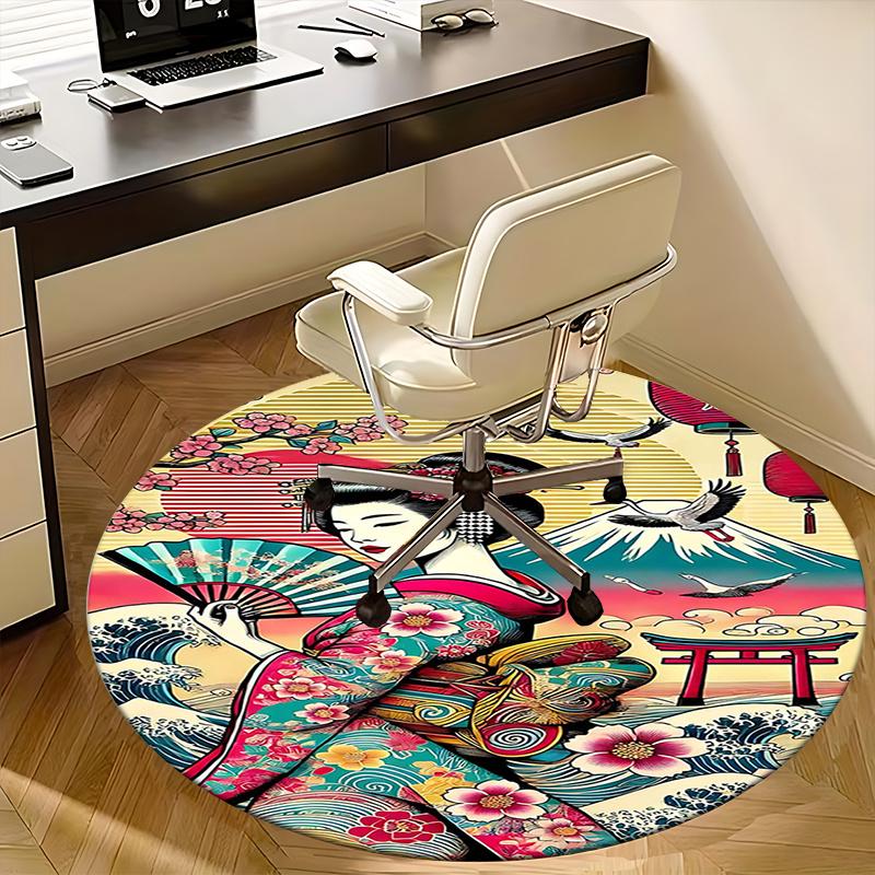 Japanese Geisha Artwork Chair mat Round Rug-Office carpet, Machine Washable, Non-slip, Suitable for Living Rooms, Bedrooms