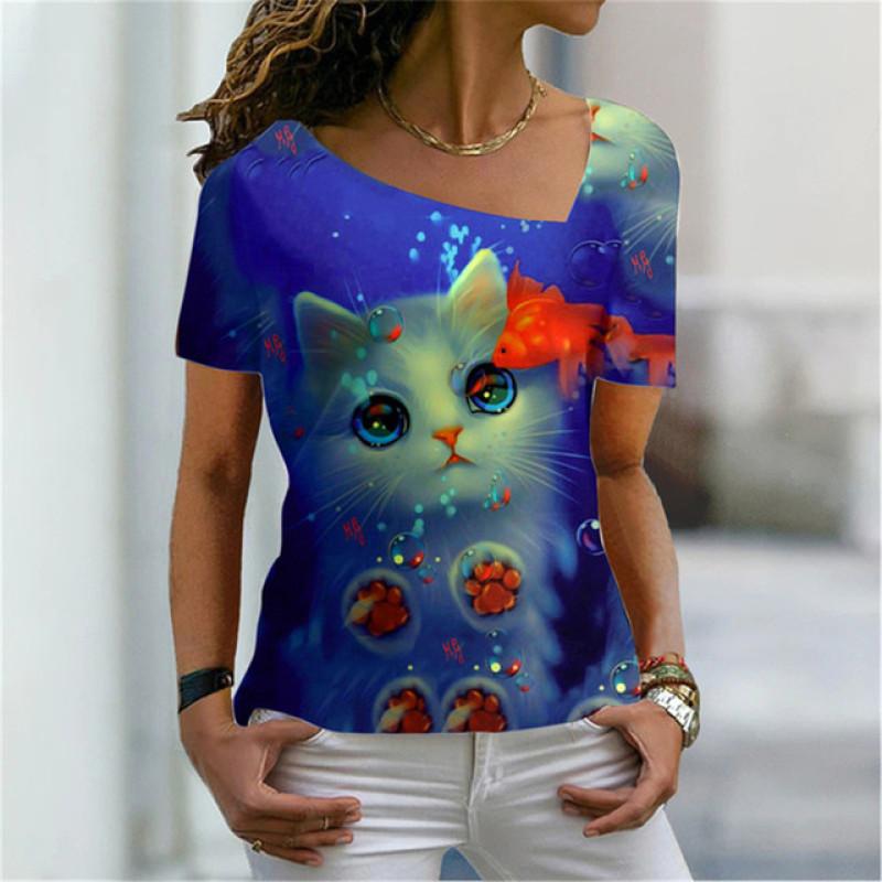 Kreslená kočka Digitální 3D tisk Dámské tričko Krátký rukáv Léto Ležérní Šikmý límec Personalizované Žena Dámské topy Oblečení