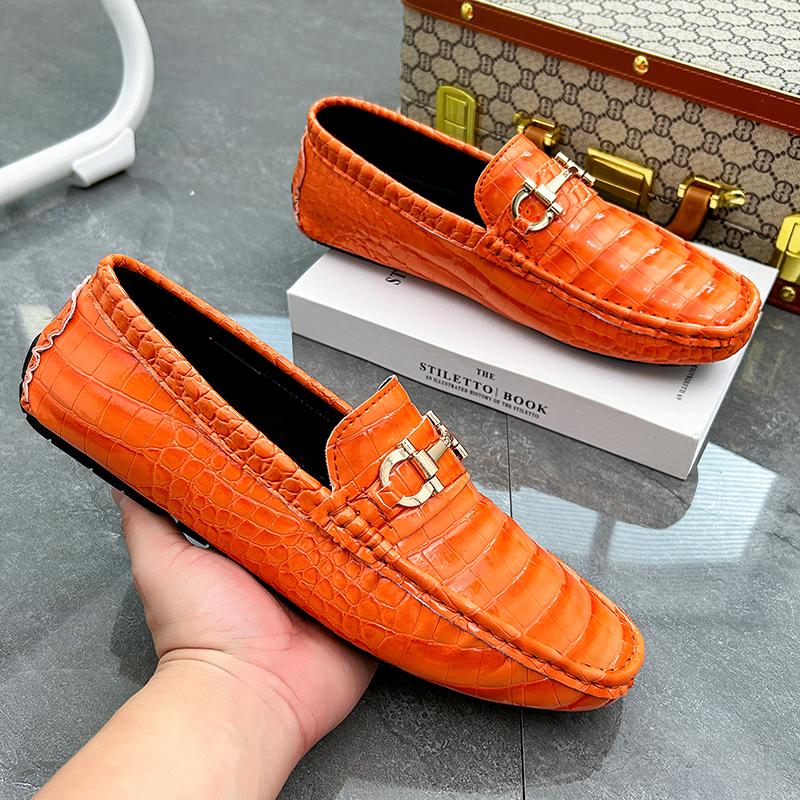 Men’s Moccasins Green Driving Shoes Red Leather Flats Casual Slip-ons Plus Size Color Orange Shoes for Men
