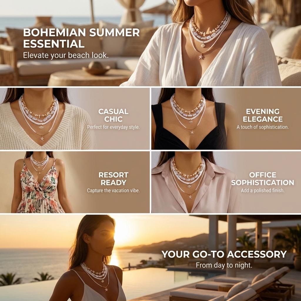 4Pcs/Set Boho Starfish Conch Rice Beads Pendant Necklace for Women Multilayer Soft Clay Starfish Shell Choker Summer Jewelry