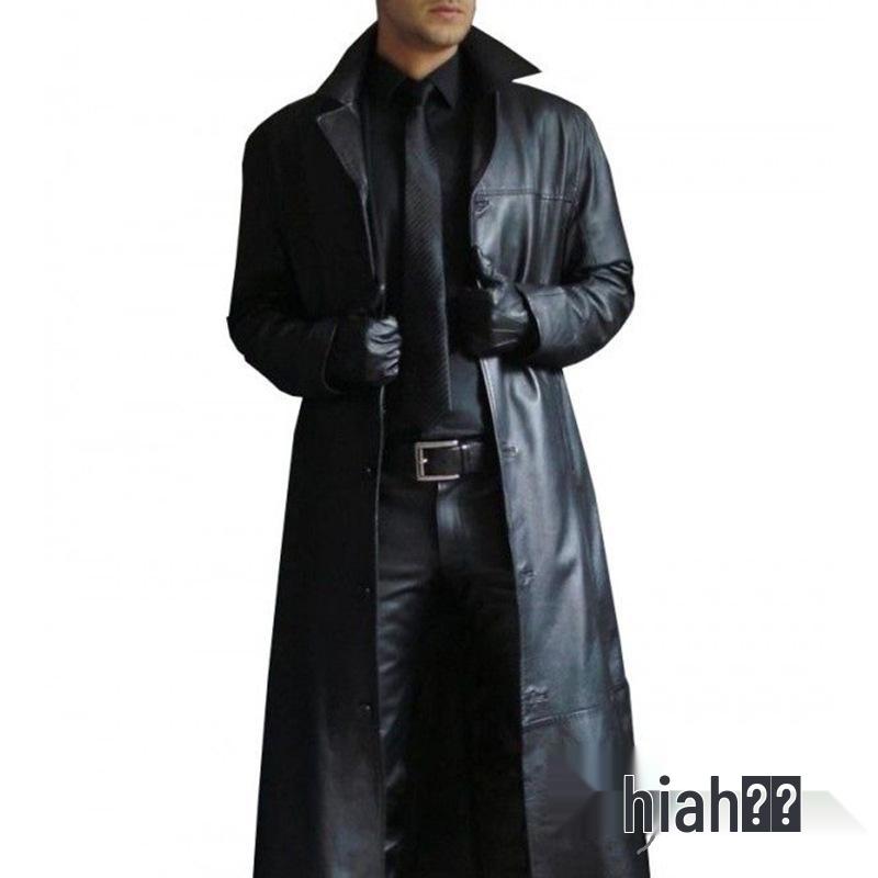 Men's Slim Fit Western Cowboy Leather Trench Coat with Lapel